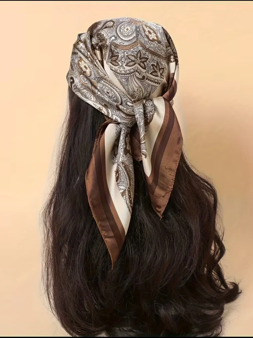 Classic Paisley Silk-Feel Scarf in Coffee and Cream 27.5”